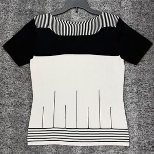 Notations Petite Y2K Women's PS Black White Striped Knit Short Sleeve Career Top